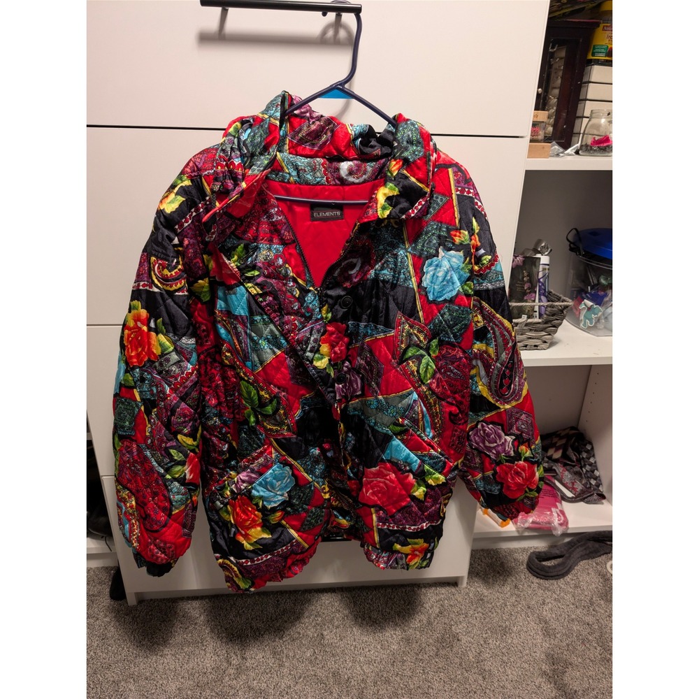 Elements Vintage Quilted Puffer Jacket Red Floral Paisley Patchwork Print L/XL